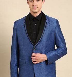 Blue And Black Silk Linen Blazer For Men