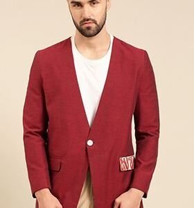 Wine Printed Cotton Blazer For Men