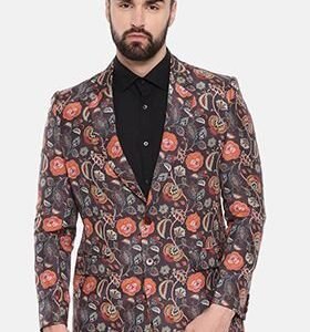 Black Two Button Printed Cotton Blazer For Men