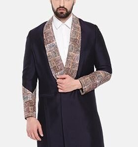 Blue Silk Linen Long Trench Coat For Men