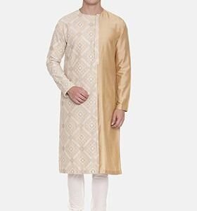 Gold And Beige Embroidered Chanderi Silk Kurta Set For Men