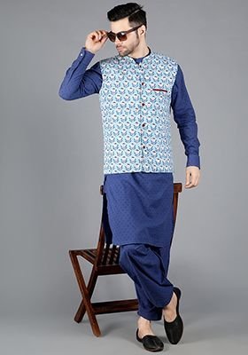 Blue Alhena Block Print Bundi Jacket For Men