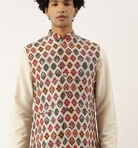 Beige Printed Chanderi Nehru Jacket For Men