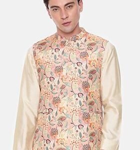 Peach Floral Print Muslin Nehru Jacket For Men