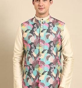 Multicolour Digital Print Muslin Nehru Jacket For Men