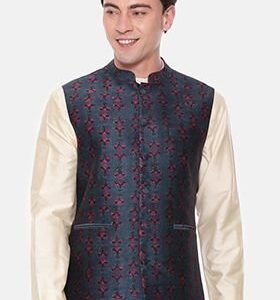 Blue Printed Chanderi Nehru Jacket For Men