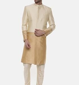 Gold And Beige Silk Sherwani Set For Men
