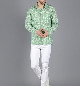 Green Spica Floral Print Handblock Shirt For Men
