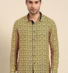 Yellow And Black Printed Muslin Shirt For Men