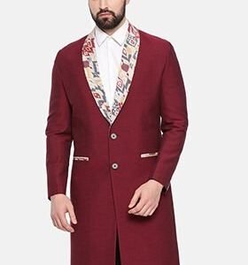 Red Printed Long Trench Coat For Men