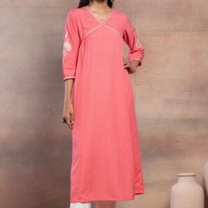 Pink Thread Embroidered V-Neck Cotton A-Line Kurta