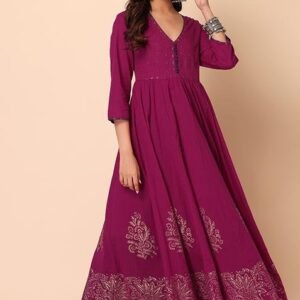 Hot Pink Foil Print Cotton Anarkali Kurta