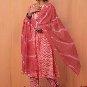 Peach Bandhani Print A-Line Kurta With Pants And Dupatta (Set of 3)