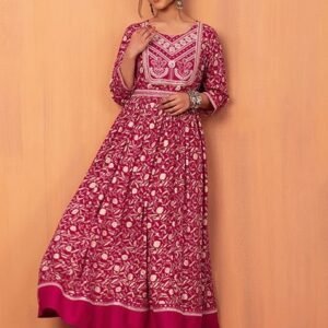 Pink Floral Print Anarkali Kurta With Belt (Set of 2)