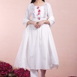 Ivory Floral Thread Embroidered A-Line Kurta With Pants And Dupatta (Set of 3)