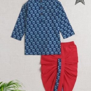Blue Printed Cotton Kurta Set For Boys