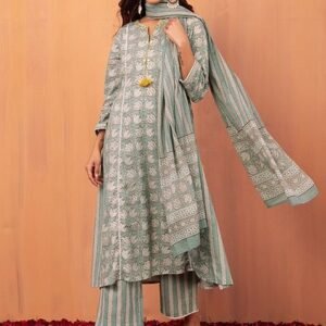 Pastel Green Block Print Cotton Kurta With Pants And Dupatta (Set of 3)