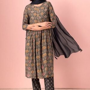 Brown Batik Print Muslin A-Line Kurta With Pants And Dupatta (Set of 3)
