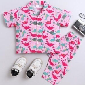 Pink Printed Cotton Shirt Pant Set For Boys