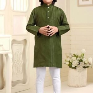 Olive Embroidered Cotton Kurta With Pyjama For Boys