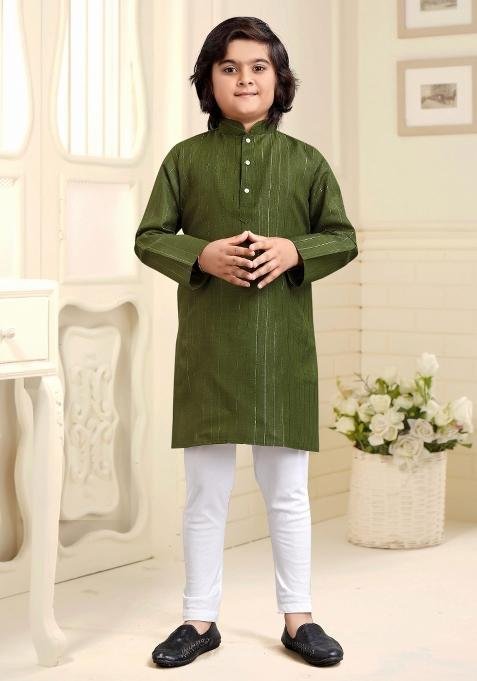 Olive Embroidered Cotton Kurta With Pyjama For Boys