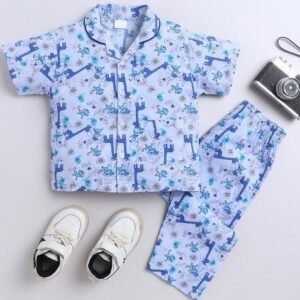 Blue Printed Cotton Shirt Pant Set For Boys