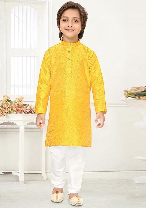 Yellow Jacquard Kurta Set For Boys