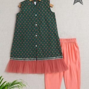 Green Printed Cotton Kurta Set For Girls