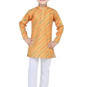 Yellow Printed Cotton Blend Kurta Set For Boys
