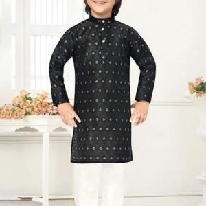 Black Jacquard Kurta Set For Boys