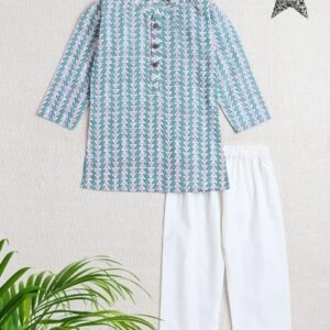 Blue Embellished Cotton Kurta Set For Boys