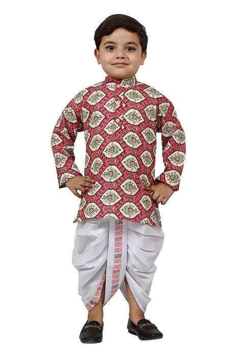 Pink Printed Cotton Blend Kurta Set For Boys
