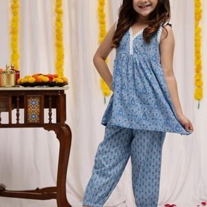 Skyblue Floral Cotton Kurta Set For Girls