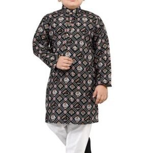 Green Printed Cotton Kurta Set For Boys