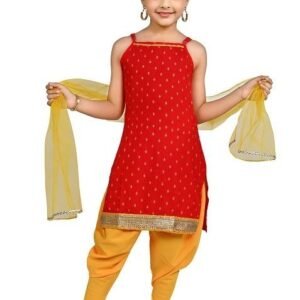 Red Printed Cotton Kurta Set For Girls