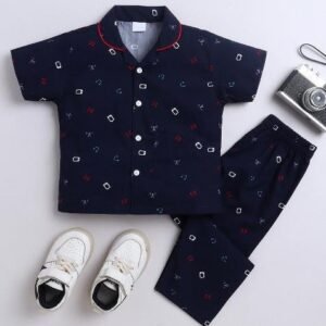 Navy Blue Printed Cotton Shirt Pant Set For Boys