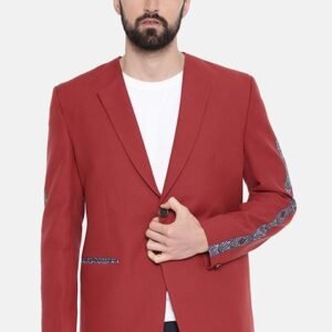 Red Printed Cotton Blazer For Men