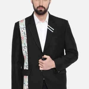 Black Printed Cotton Blazer For Men