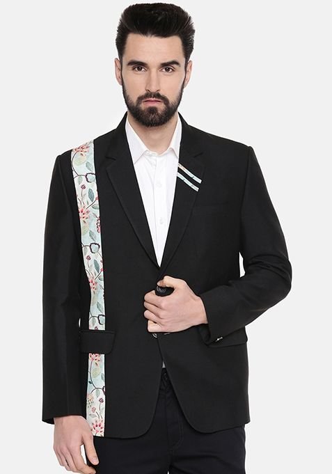 Black Printed Cotton Blazer For Men