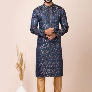 Navy Blue Cotton Jacquard Kurta Set