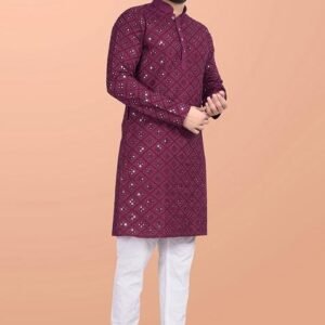 Wine Embroidered Cotton Blend Kurta Set For Men