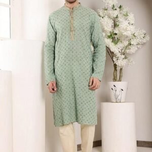 Sea Green Textured Cotton Kurta Set For Men