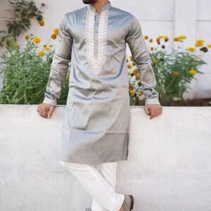 Grey Coding Work Silk Kurta Set For Men