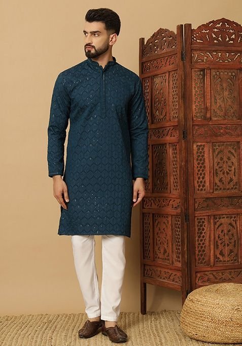 Blue Embroidered Heavy Jacquard Silk Kurta Set For Men