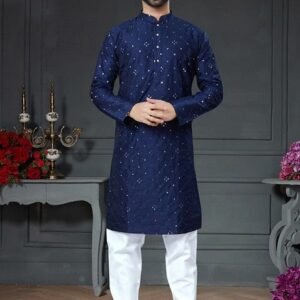 Blue Embroidered Cotton Art Silk Kurta Set For Men
