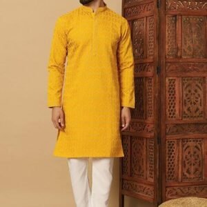 Yellow Embroidered Heavy Jacquard Silk Kurta Set For Men