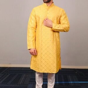 Yellow Sequin Embroidered Silk Kurta Set For Men