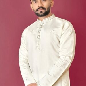 Off White Hand Work Silk Kurta Set For Men