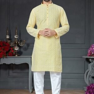 Yellow Embroidered Cotton Art Silk Kurta Set For Men