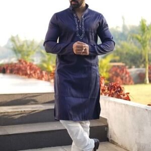 Navy Blue Embroidered Heavy Silk Kurta Set For Men